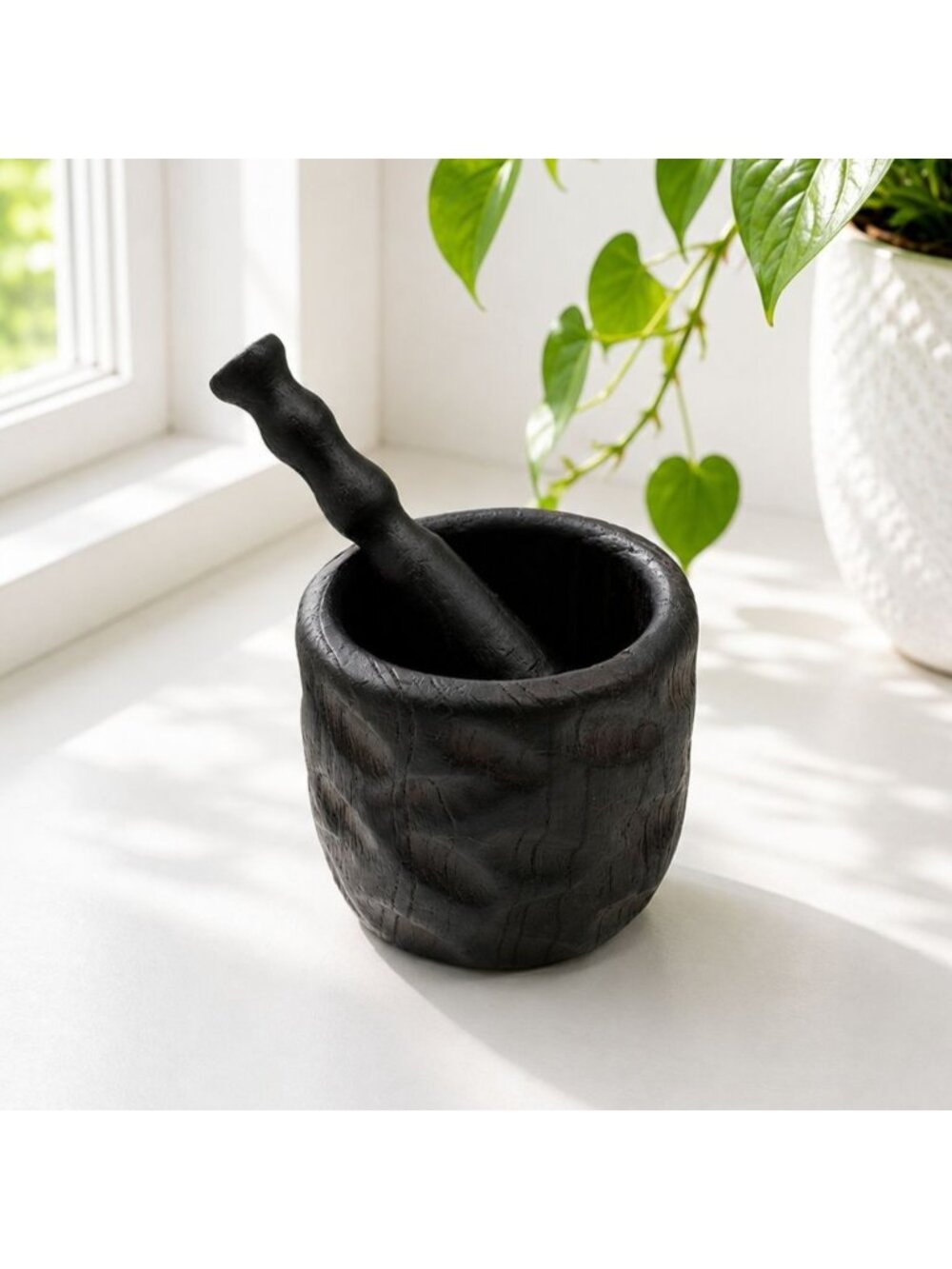 Hand-Carved Wooden Mortar & Pestle Set Rustic Black Finish 4" Height 4" Diameter